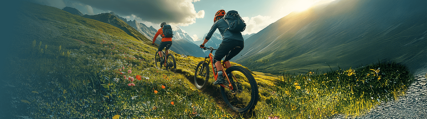 Zwei Mountainbiker fahren bei Sonnenschein durch eine Berglandschaft. Text im Bild: Jede Fahrt eine neue Erinnerung. Zusatztext: Schaffen Sie unvergessliche Momente mit unseren Frühjahrs‑Angeboten.